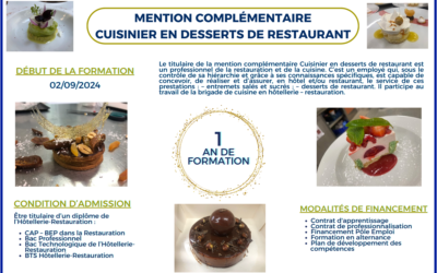 Ouverture de la Mention Complémentaire Cuisinier en Desserts de Restaurant le 2 septembre 2024